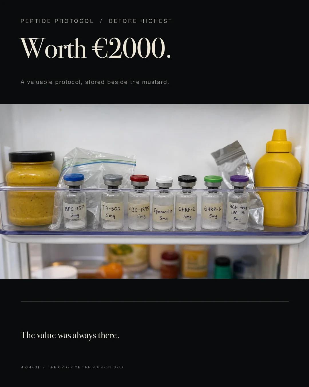 Seven peptide vials crowded beside mustard and loose packaging on the top shelf of a refrigerator door with the line Worth €2000