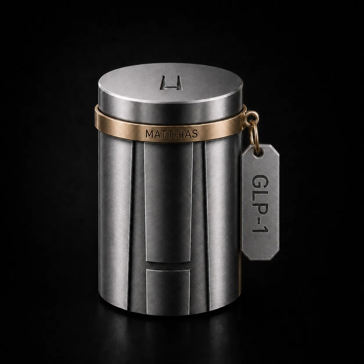 HIGHEST Vessel 01 in brushed titanium with a gold personalized collar and a hanging GLP-1 compound tag