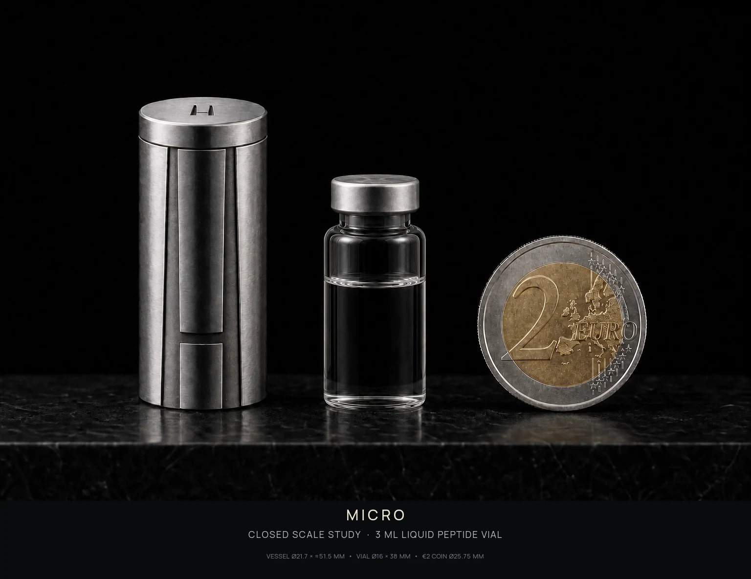 Closed HIGHEST Micro vessel shown beside its 3 ml peptide vial and a two-euro coin for scale