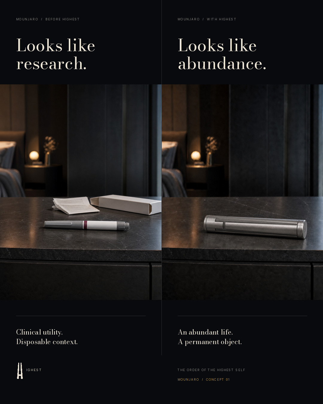 Split-screen Mounjaro campaign contrasting a loose pen with a horizontal HIGHEST vessel