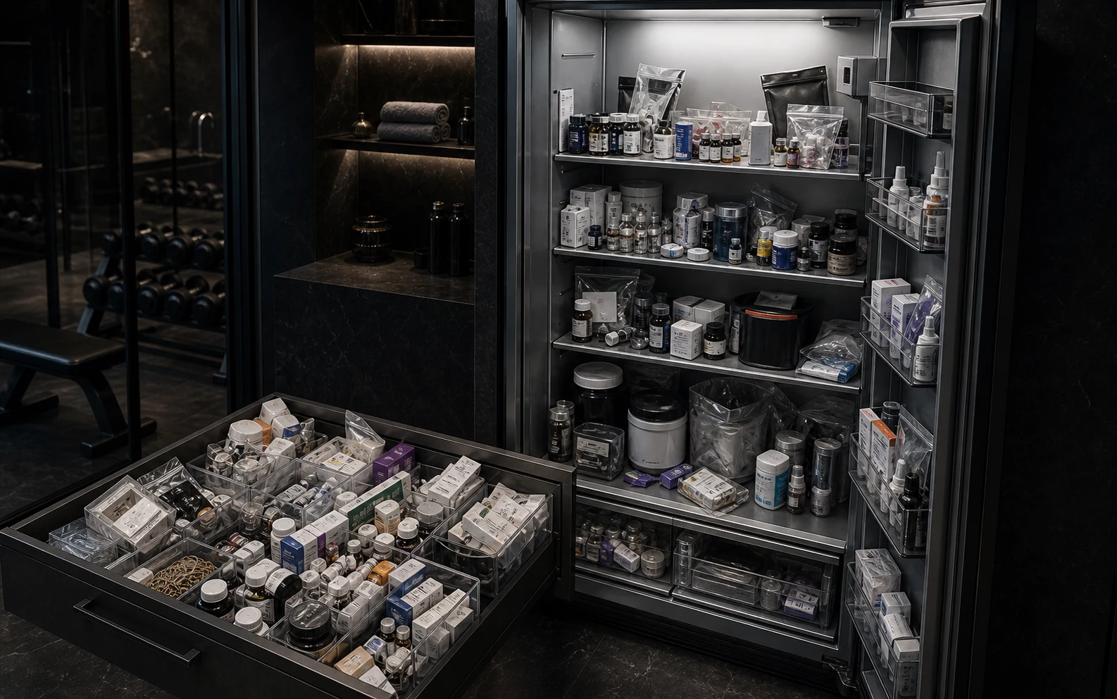A chaotic wellness refrigerator and drawer filled with mismatched vials, sprays, supplement jars, boxes and powder pouches