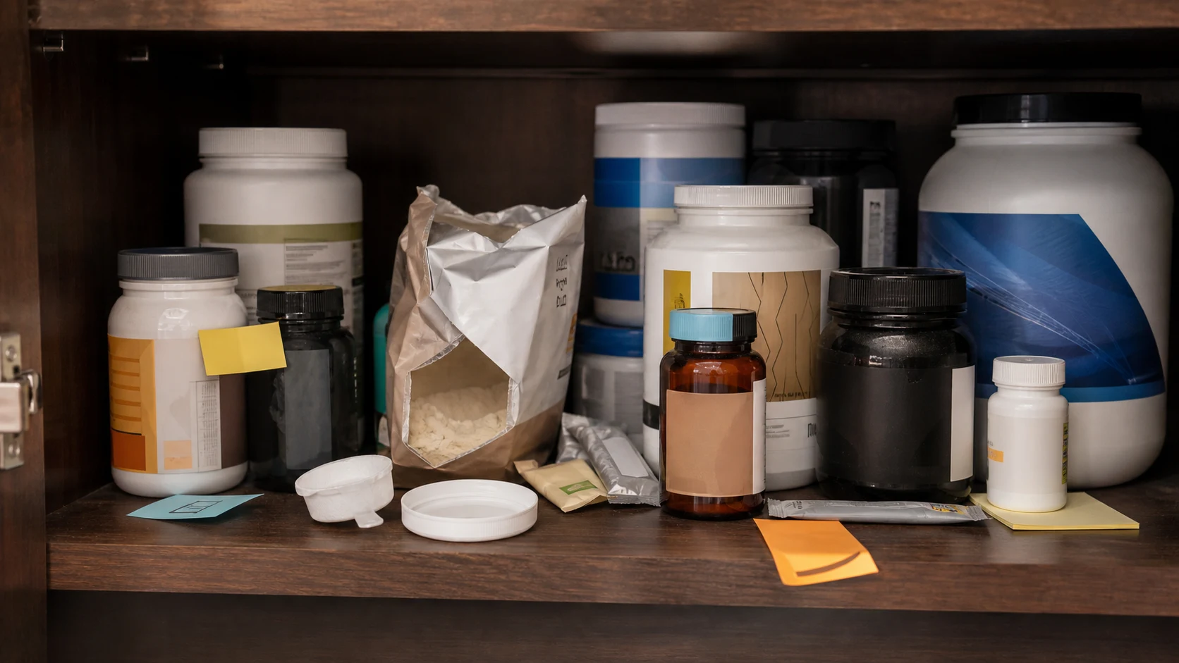 A normal home cabinet shelf cluttered with mismatched supplement tubs, vitamin bottles, a powder pouch and loose scoops